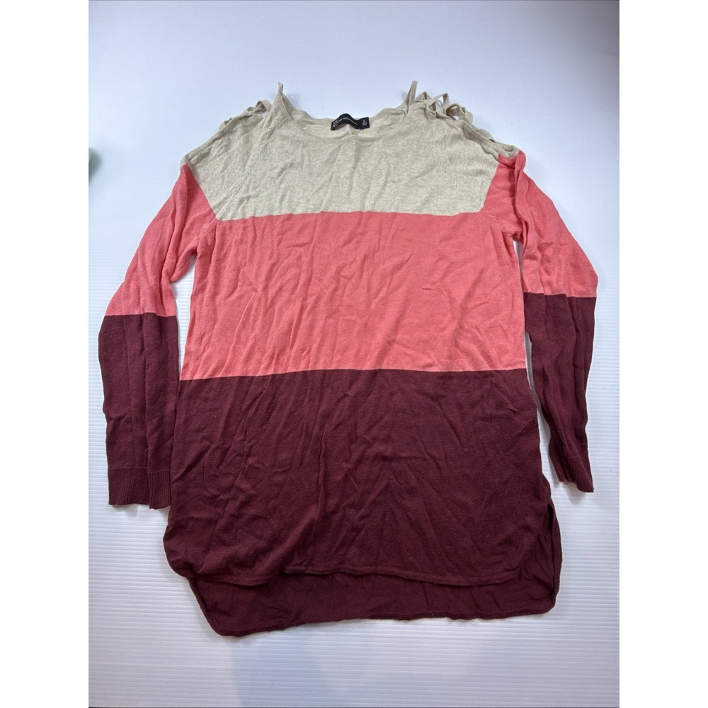 New York & Co Ivory/Mauve Color Block Stipe Cold Criss‎ Cross Sweater XL